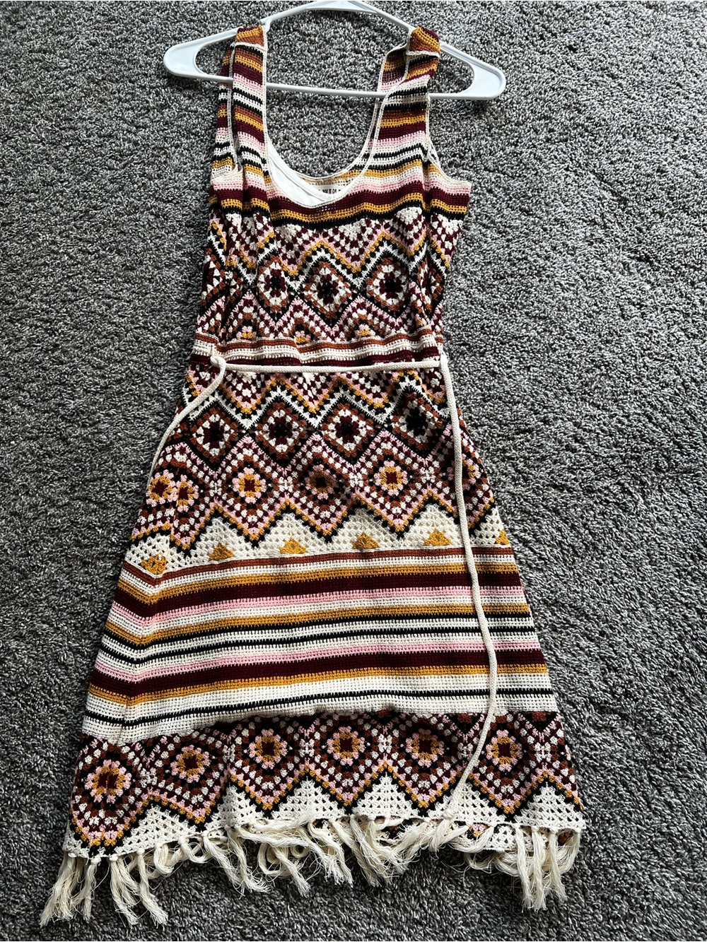 Idyllwind Crocheted Midi Dress in Cream, Brown & Mustard